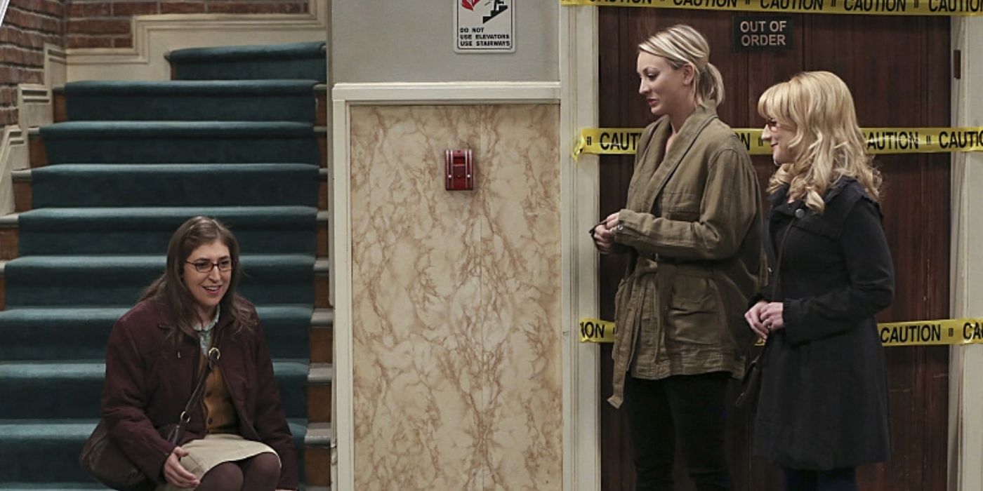 Amy, Penny, and Bernadette in the stairwell in The Big Bang Theory