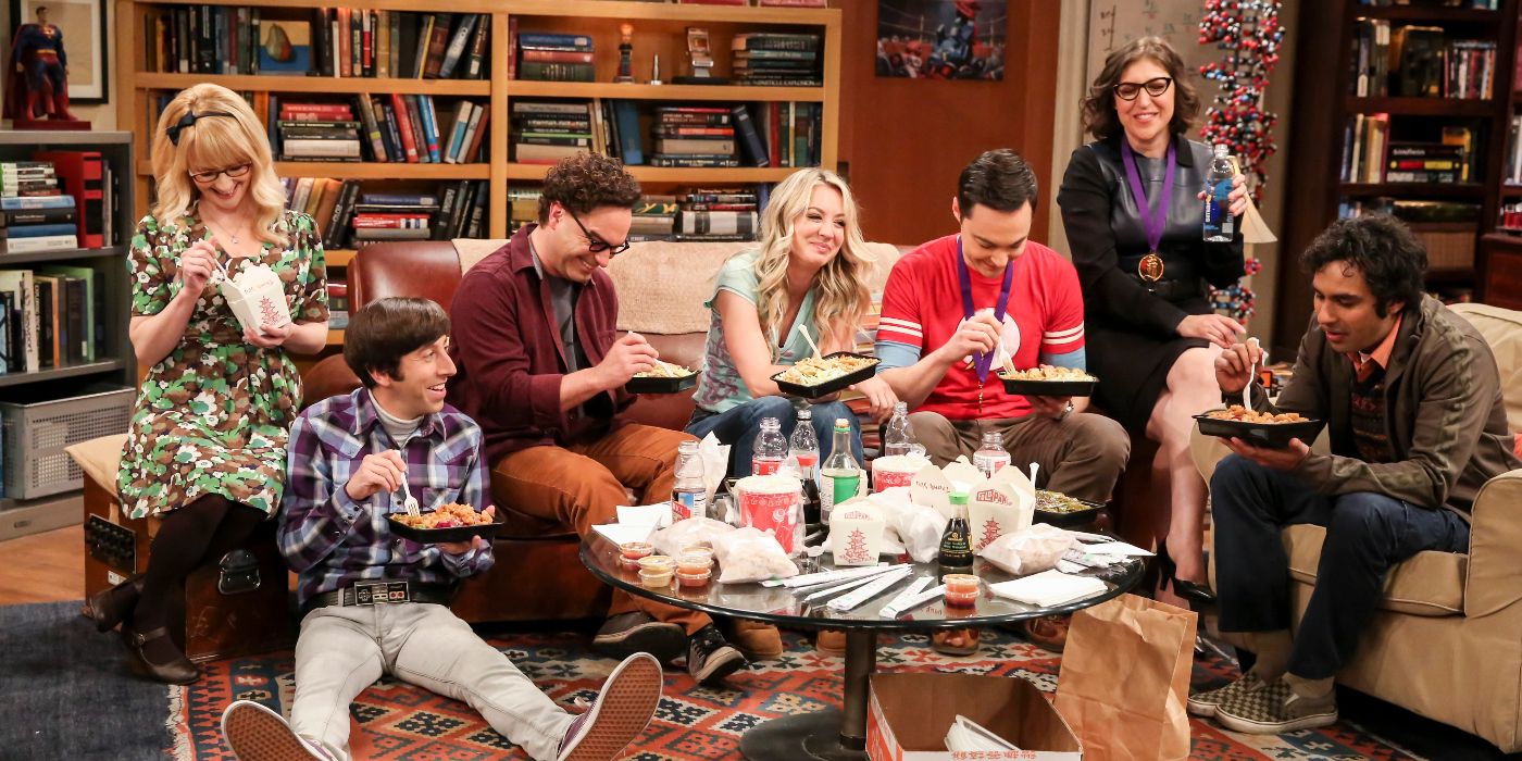 Penny, Leonard, Sheldon, Amy, Raj, Howard, Bernadette eating takeout in the apartment in The Big Bang Theory Finale