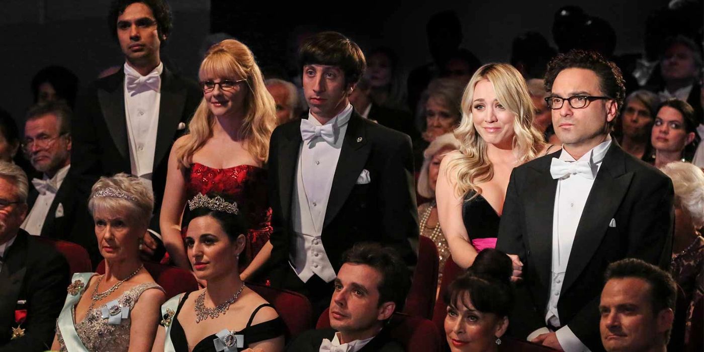 Raj, Bernadette, Howard, Penny, and Leonard watching Amy and Sheldon's Nobel Prize speech in The Big Bang Theory