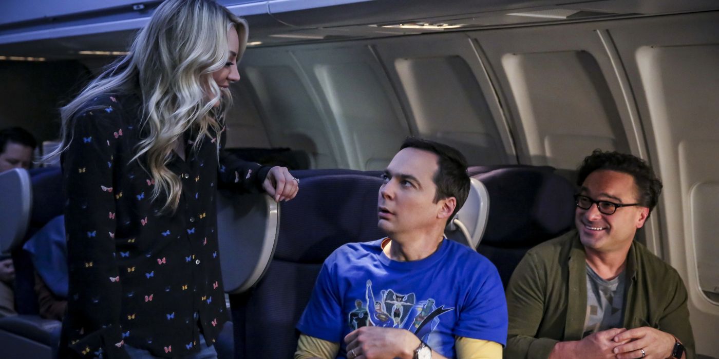 Penny sitting on a plane next to Sheldon and Leonard in The Big Bang Theory finale