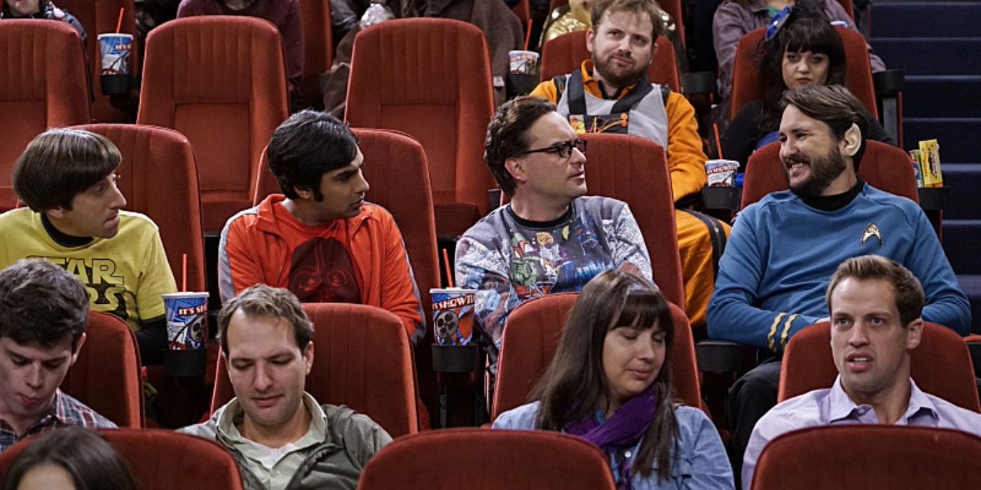 Howard, Raj, and Leonard at the movies in The Big Bang Theory