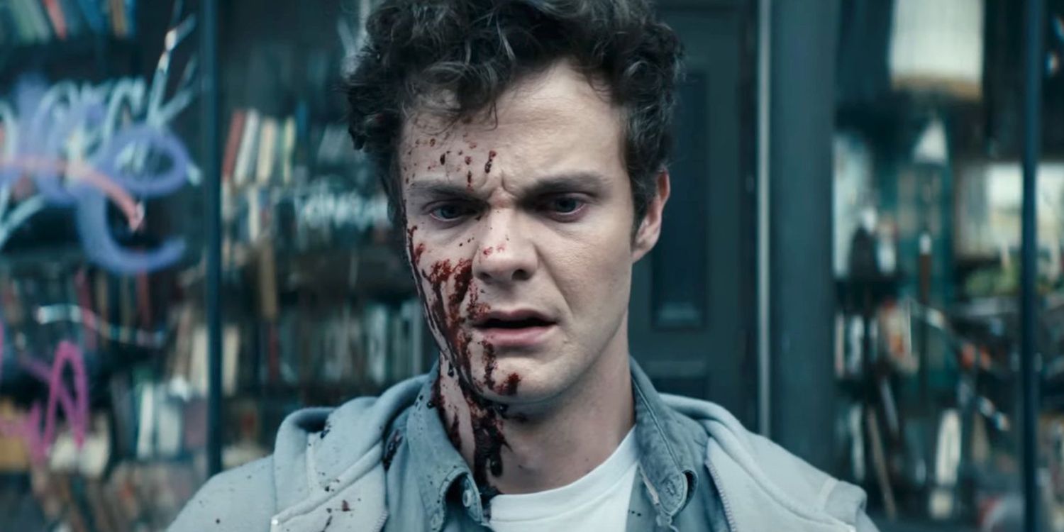 Jack Quaid as Hughie Campbell covered in blood in The Boys