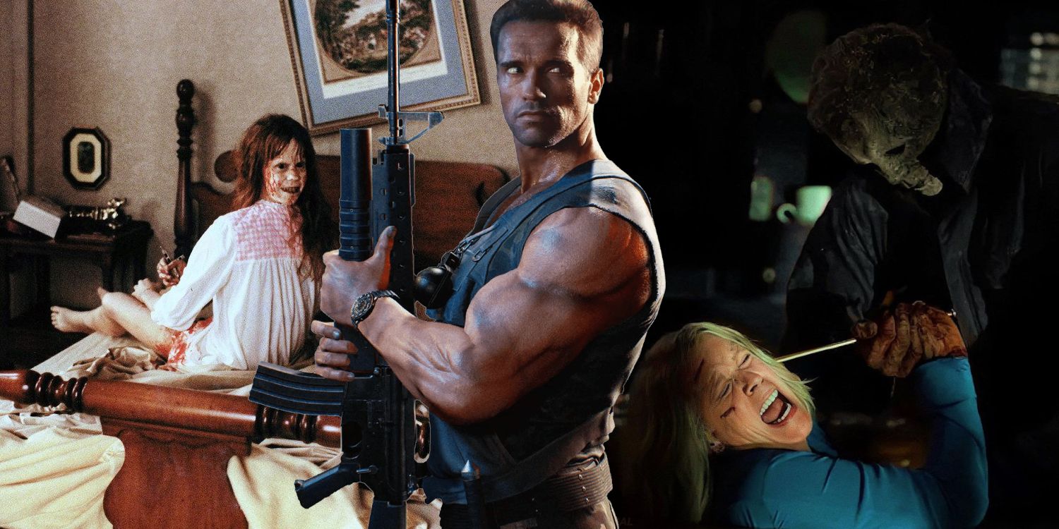 Regan MacNeil from The Exorcist, Dutch from Predator, and Laurie fighting Michael Myers in Halloween Ends
