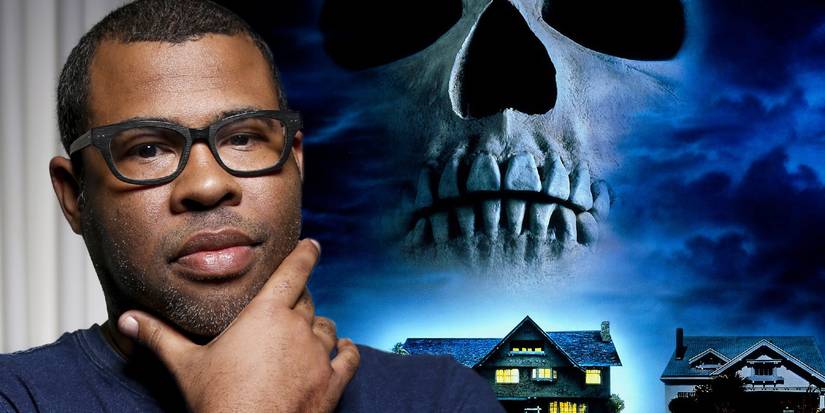 A composite image of Jordan Peele and the poster for The People Under the Stairs featuring skull in the sky over a house