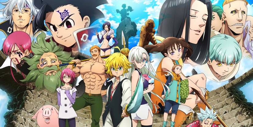 The Seven Deadly Sins, Featuring Meliodas, Elizabeth, and the Sins Posing in front of blue sky background