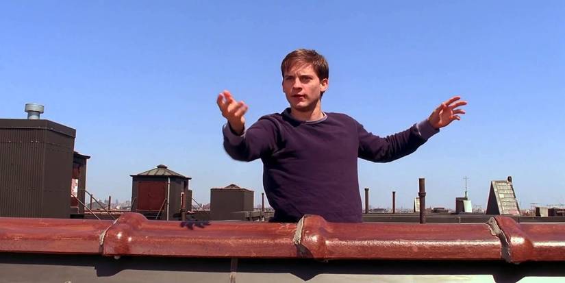Tobey Maguire's Peter Parker tests the powers of the organic web in 2002's Spider-Man.