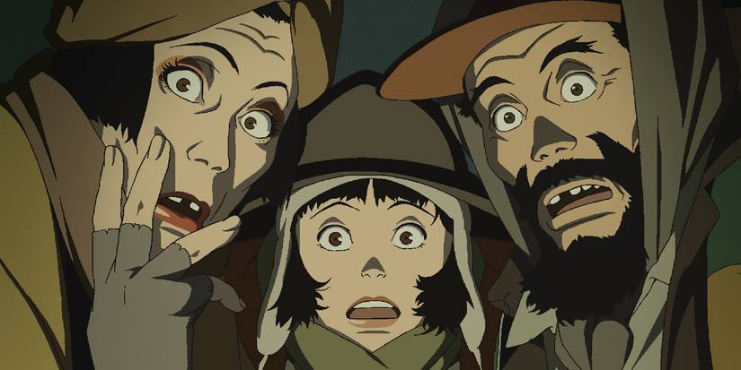 Close-up on Hana, Miyuki, and Gin looking shocked in Tokyo Godfathers.