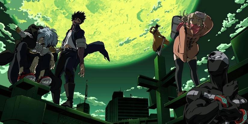 10 Most Iconic Anime Villain Groups of All Time 3 Tomura Shigaraki standing with the league of villains in My Hero Academia.