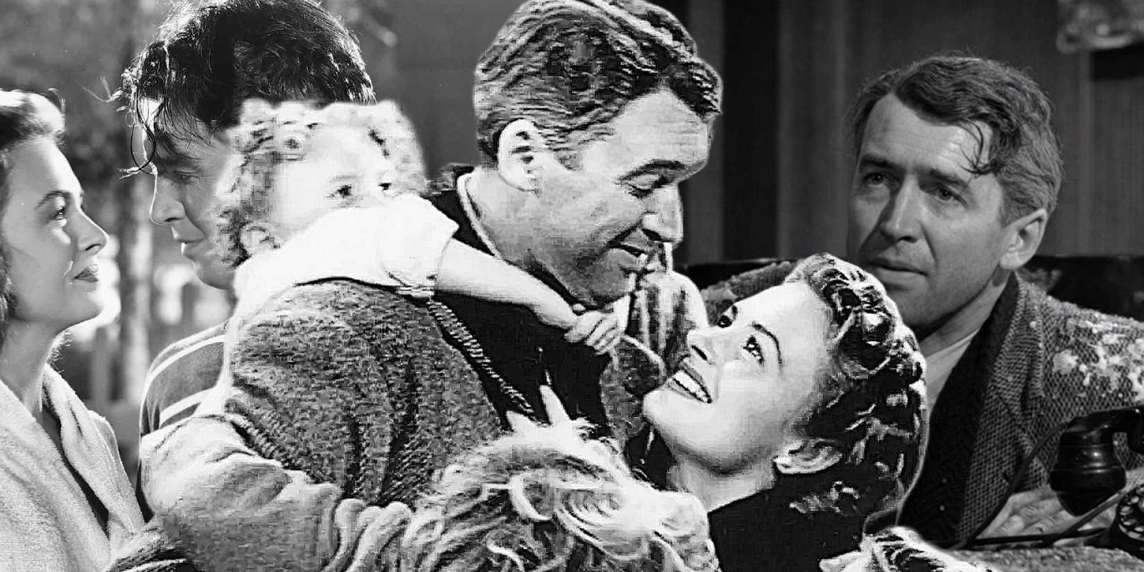 A composite image of George hugging his family in front of other scenes from It's a Wonderful Life