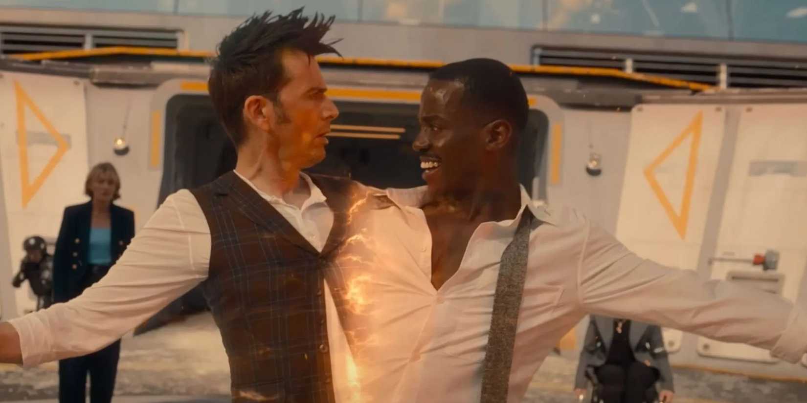 David Tennant's Fourteenth Doctor Ncuti Gatwa's Fifteenth Doctor in the process of bi-generation in Doctor Who.