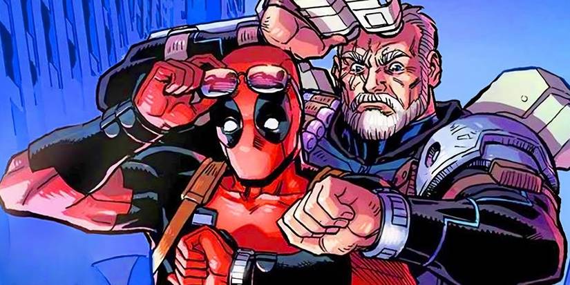 Comic book art: Deadpool and Cable doing a pose referencing Back to the Future.