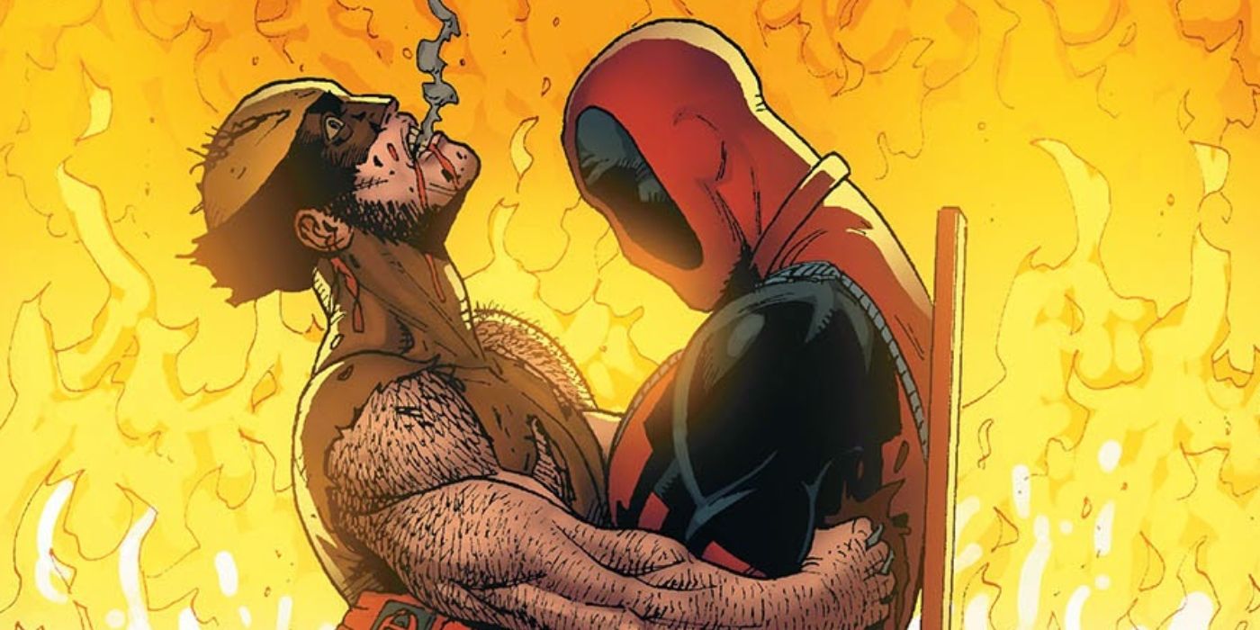 Wolverine and Deadpool in an embrace, surrounded by flames