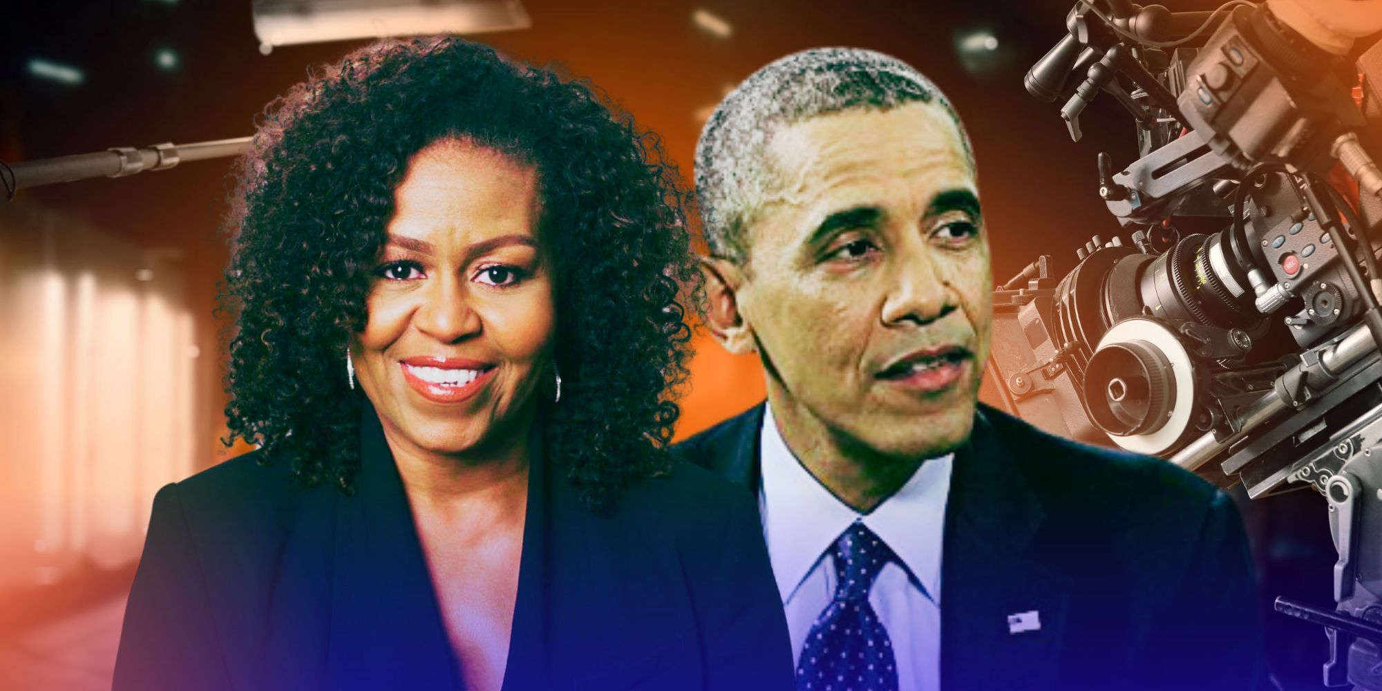 Barack and Michelle Obama are in front of camera equipment. 