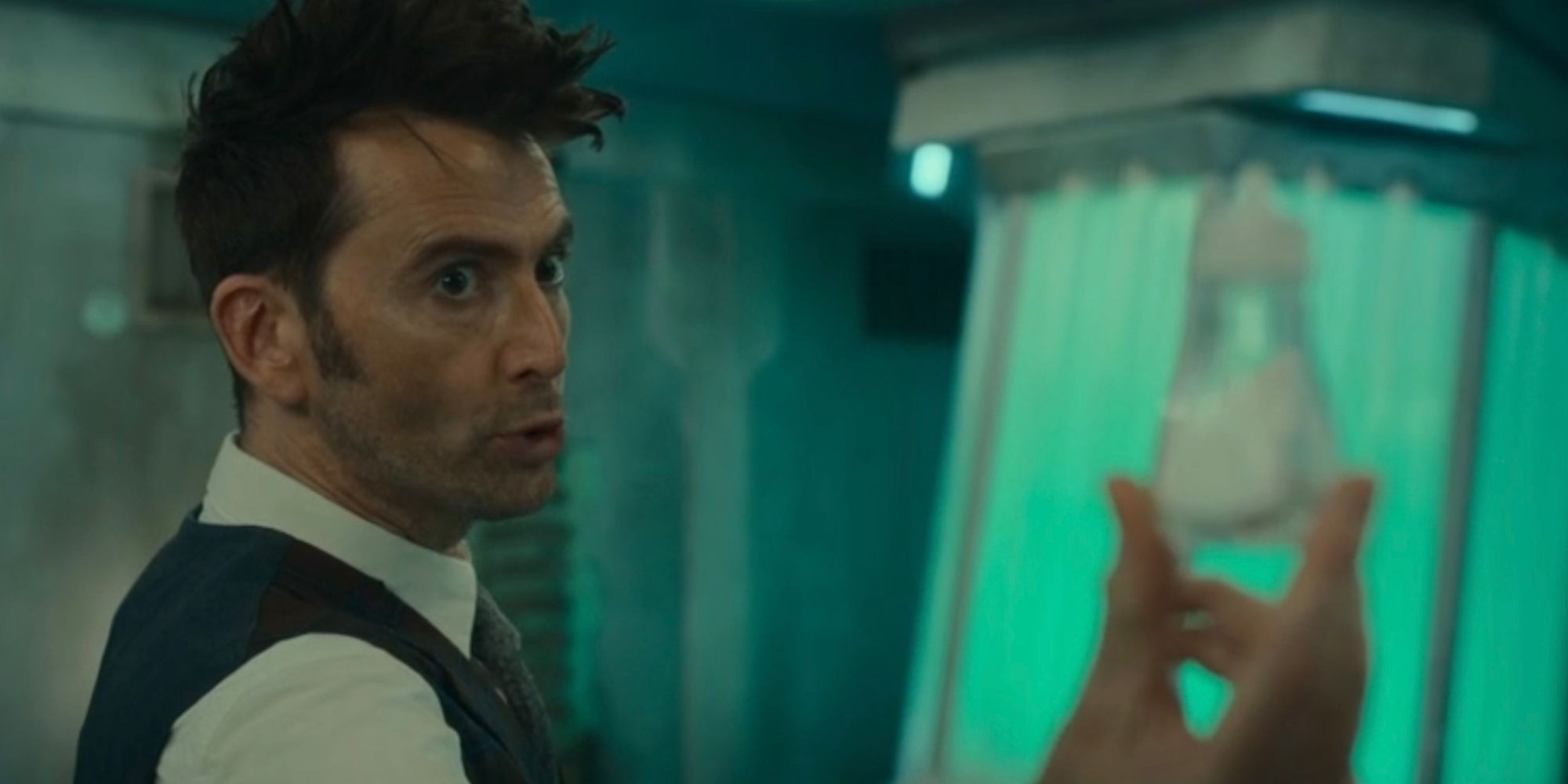 David Tennant as the Doctor in Doctor Who Wild Blue Yonder, the Doctor is holding a salt shaker