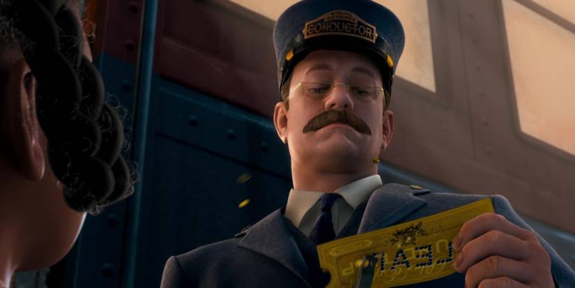 The Conductor (Tom Hanks) in The Polar Express checking a ticket