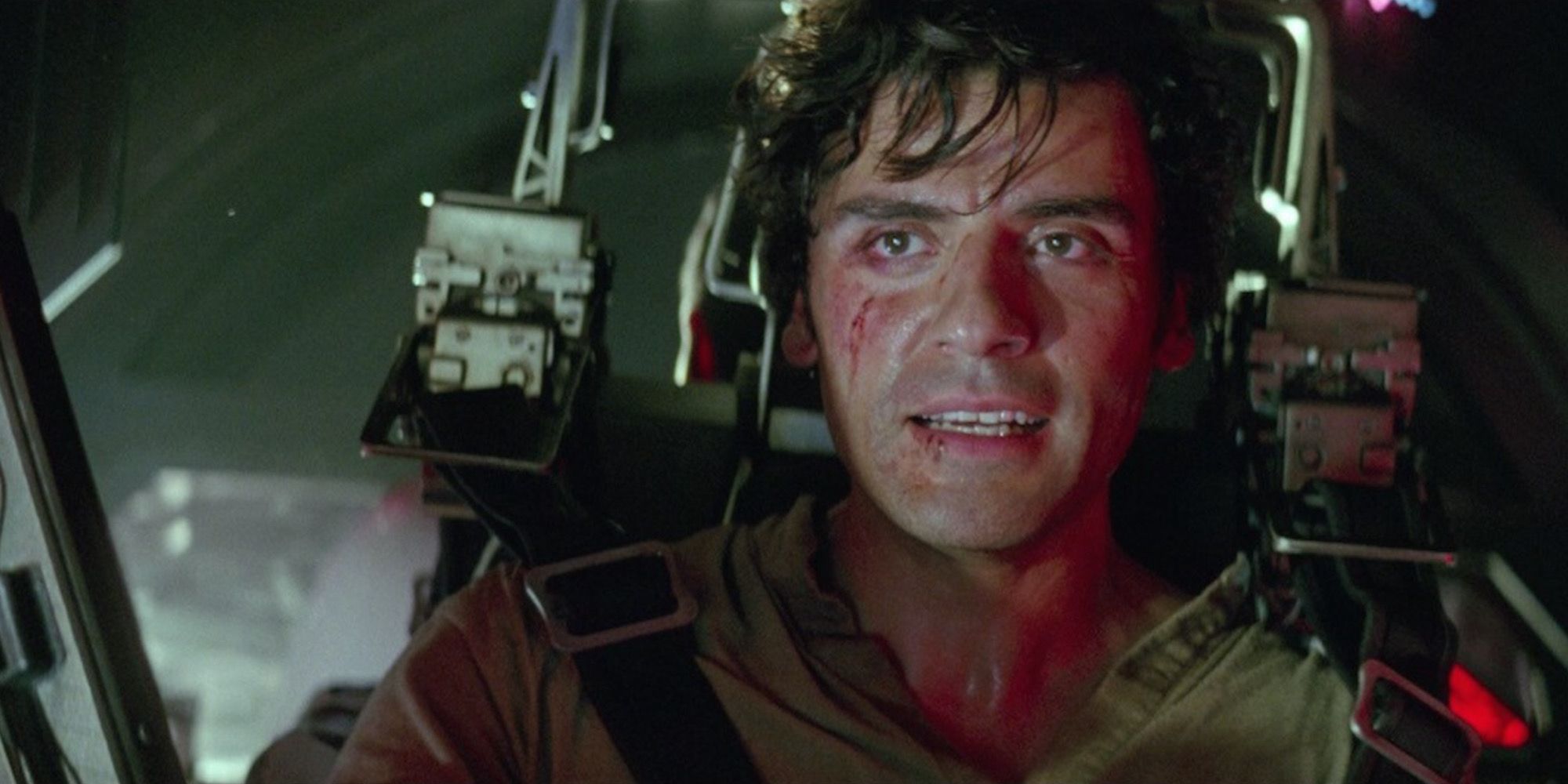 Poe Dameron Escaping in a TIE Fighter in The Force Awakens with blood on his face