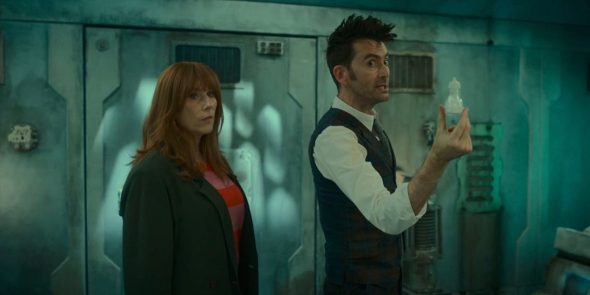 Catherine Tate as Donna Noble and David Tennant as the Doctor in Doctor Who Wild Blue Yonder, the Doctor is holding a salt shaker