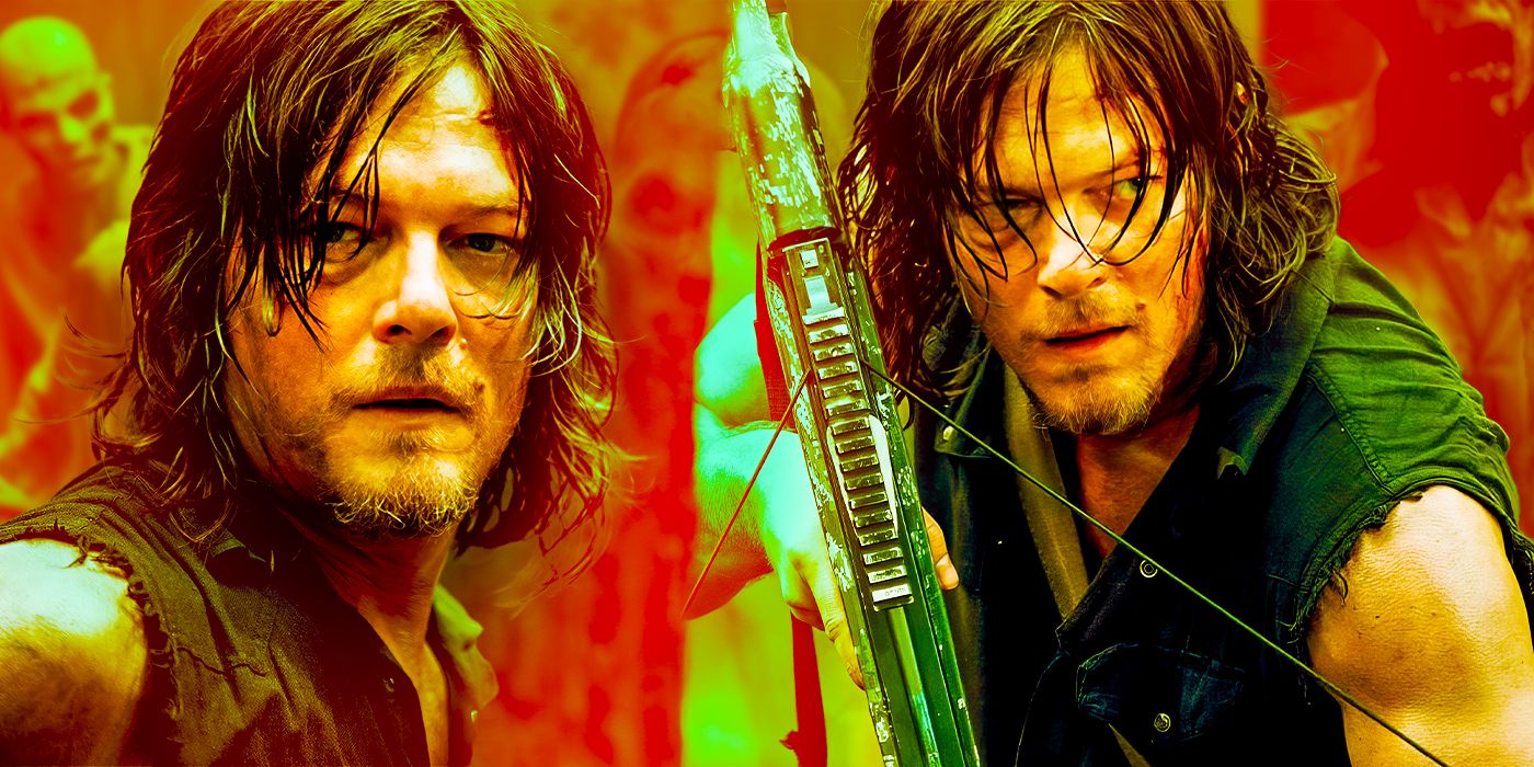 Collage of Norman Reedus as Daryl Dixon looking serious and wielding a crossbow in The Walking Dead