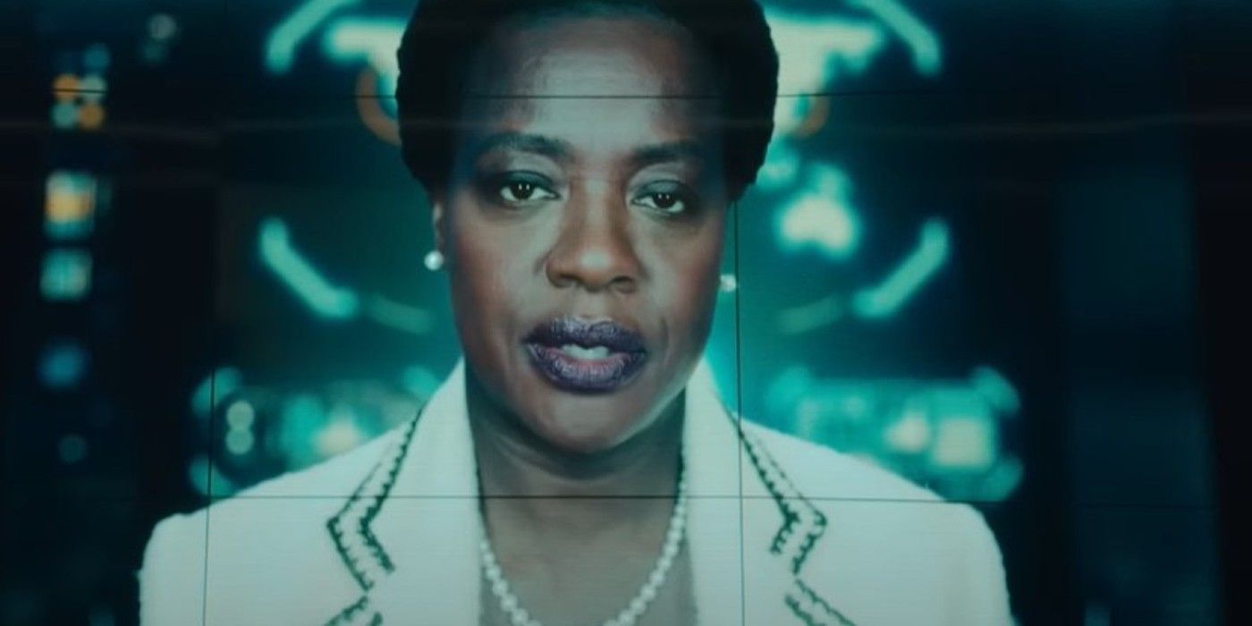 Amanda Waller's face spread over several display monitors in Peacemaker