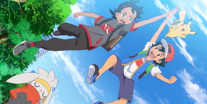 Two boys jump in the air to high five while a yellow mouse-like creature jumps as well, and a rabbit-like creature stands on the ground.