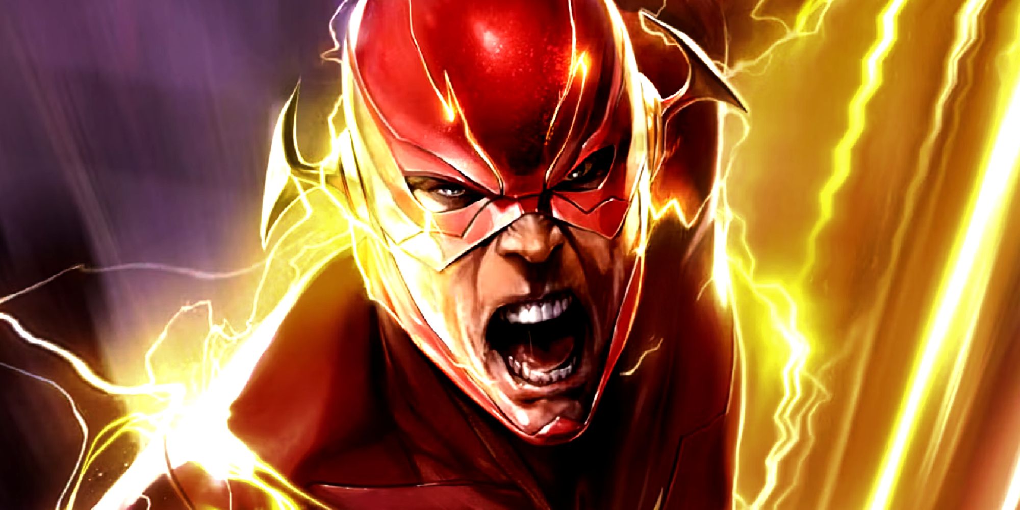 Flash Barry Allen screaming as he runs at terrifying velocity through the Speed Force.