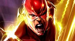 Flash Barry Allen screaming as he runs at terrifying velocity through the Speed Force.