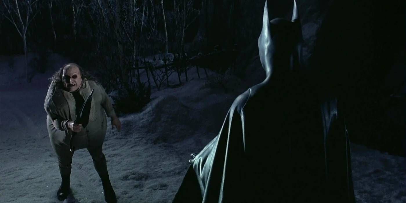 Michael Keaton's Batman battles Danny DeVito's the Penguin in Batman Returns