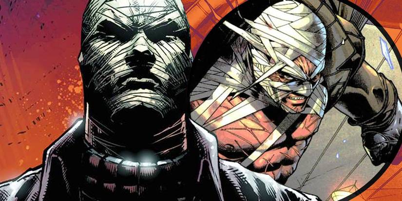 Comic book art: two images of Hush with his iconic bandages.