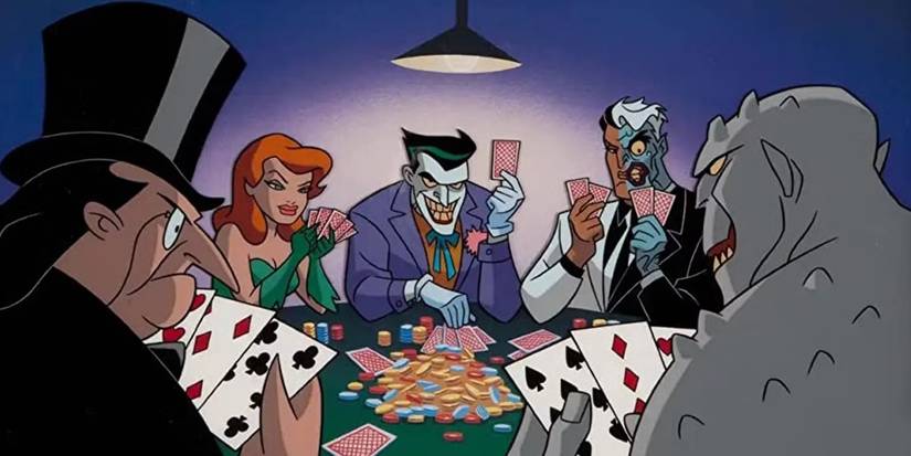 Fotograma de la serie animada de Batman con los Gotham Rogues jugando al póker.