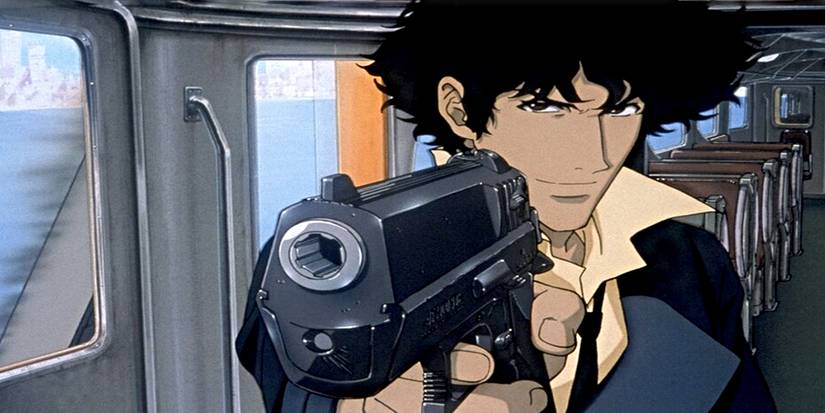 Spike Spiegel points a gun and makes a  smug looking expression while standing on a train from Cowboy Bebop