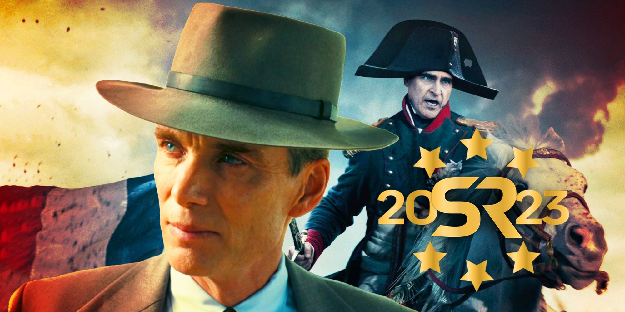 Blended image of Cillian Murphy as J. Robert Oppenheimer in Oppenheimer and Joaquin Phoenix as Napoleon in Napoleon with an SR 2023 logo overtop