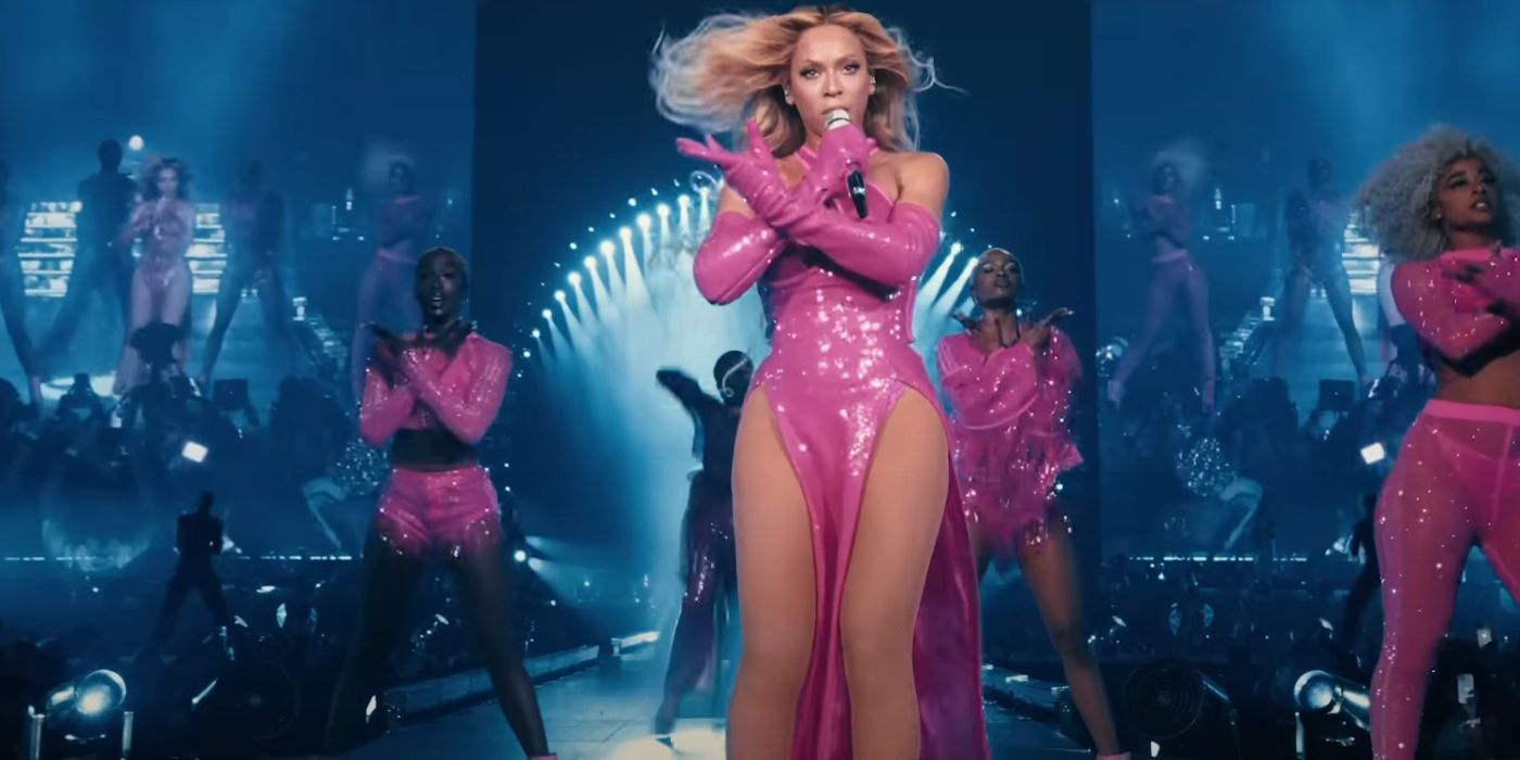 Beyonce performing in pink on her Renaissance Tour