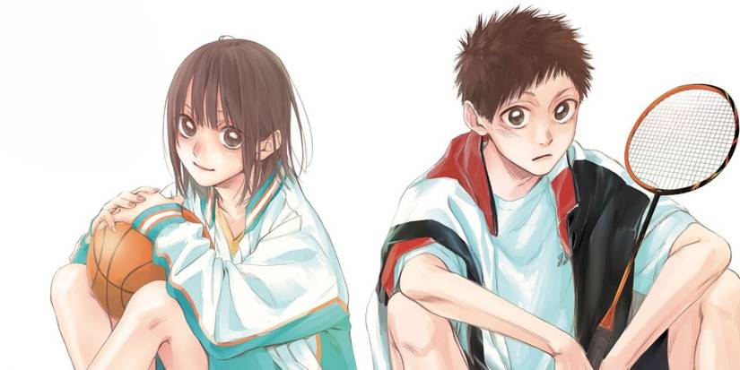 Taiki and Chinatsu from Blue Box sitting with a basketball and a badminton racket.