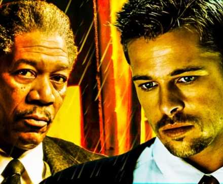 Морган Фриман и Брэд Пит в фильме "Семь" (Seven) под дождем