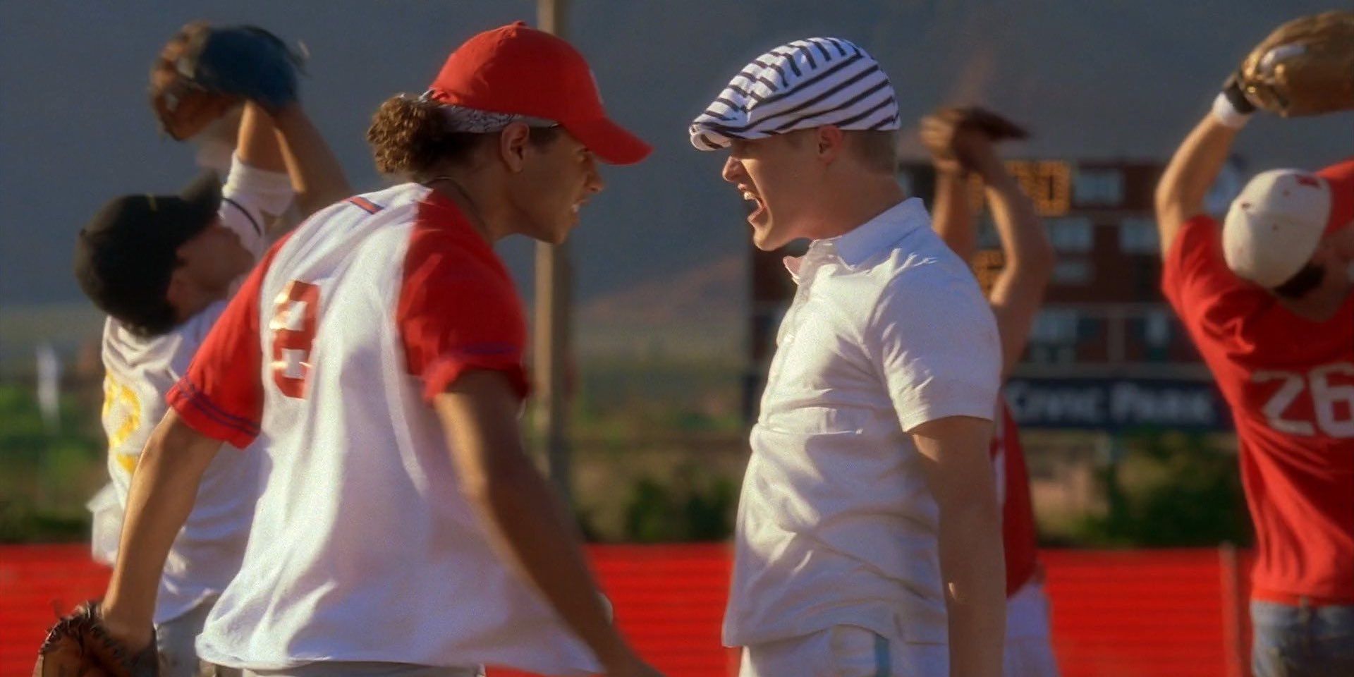 Chad (Corbin Bleu) and Ryan (Lucas Grabeel) face off on the baseball field during I Don't Dance in High School Musical 2.