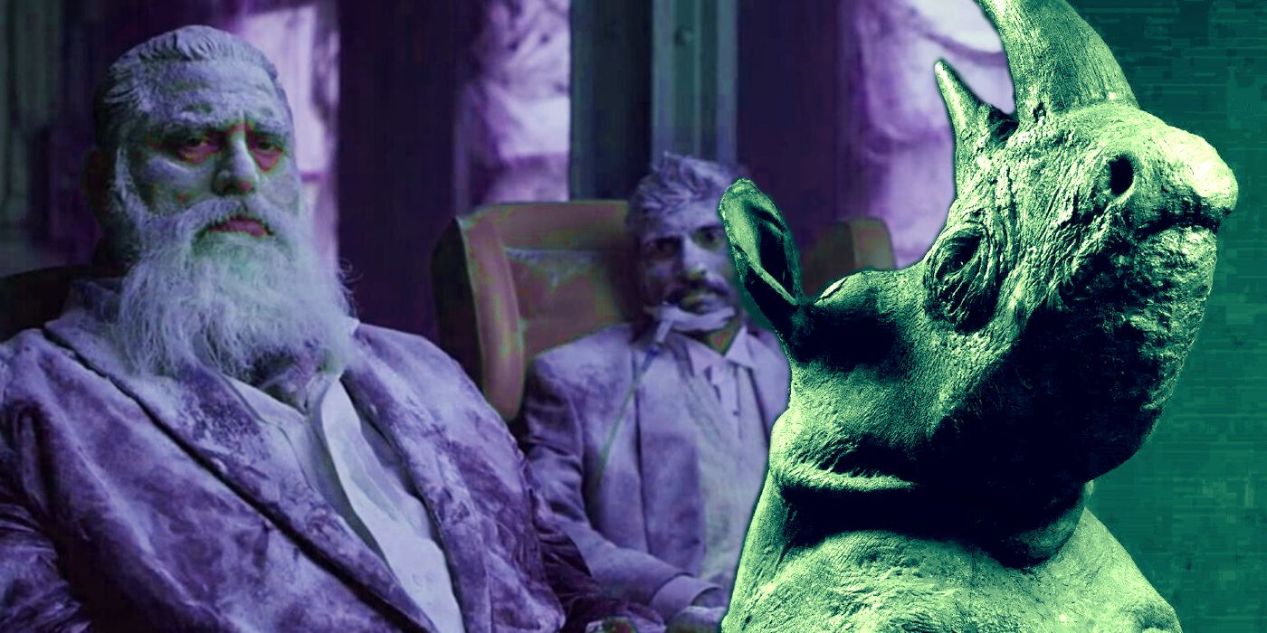 Коллаж из двух хорошо одетых мужчин, покрытых пылью, смотрящих и головы мертвой носорога.