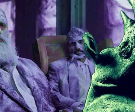 Коллаж из двух хорошо одетых мужчин, покрытых пылью, смотрящих и головы мертвой носорога.