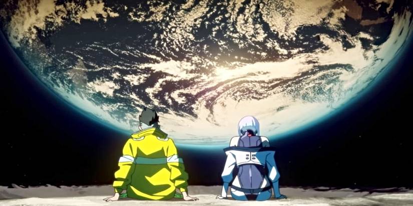 David e Lucy de Cyberpunk: Edgerunners na lua olhando para a Terra