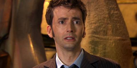 David Tennant as the Tenth Doctor in the TARDIS, looking upset just before regenerating, in the Doctor Who episode 