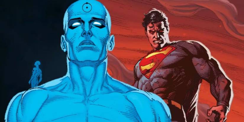 Doomsday Clock Superman and Dr. Manhattan next to each other.