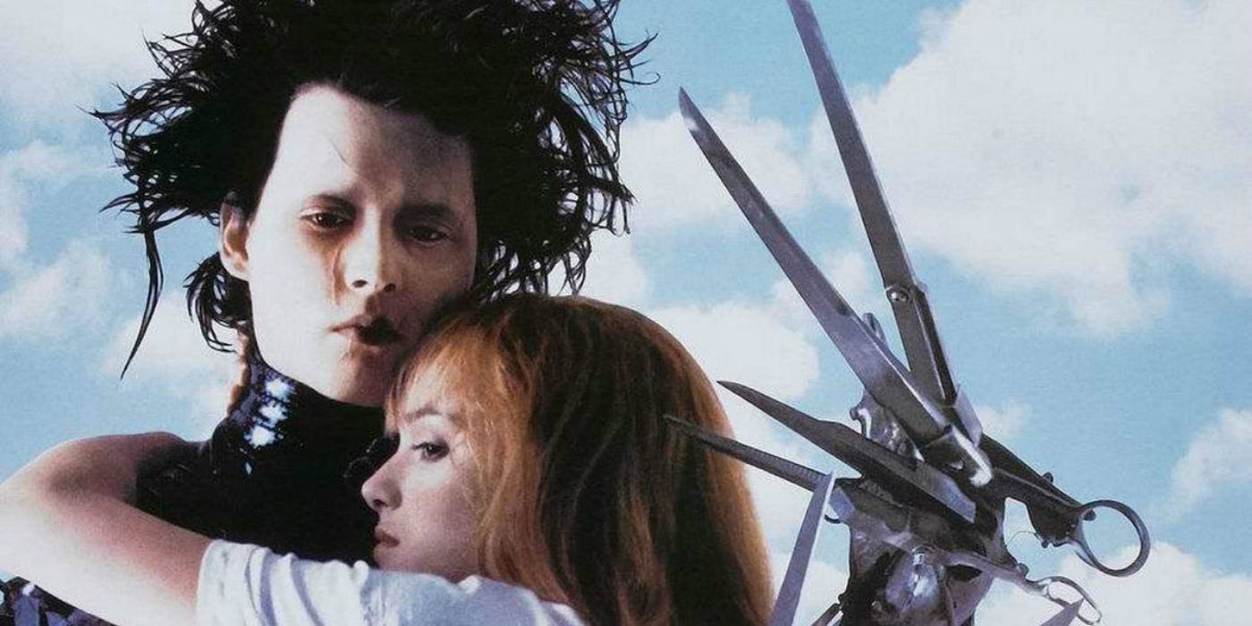 Edward looks remorseful and Kim looks contemplative in a promotional still for Edward Scissorhands