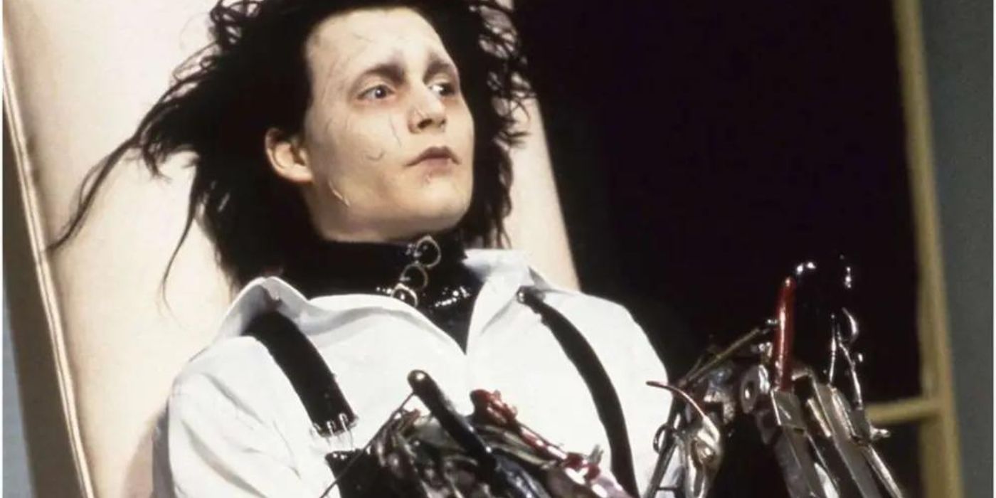 Edward is propped up awkwardly with a tired facial expression in Edward Scissorhands.