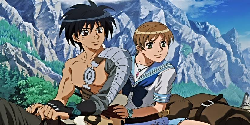 A man with metal armor on his arm and a woman in a school uniform ride on a horse.
