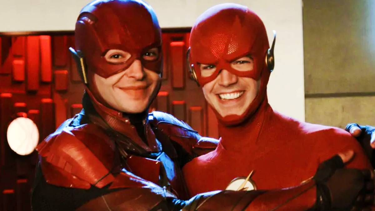 Ezra Miller and Grant Gustin together both dressed up in their The Flash outfits. 
