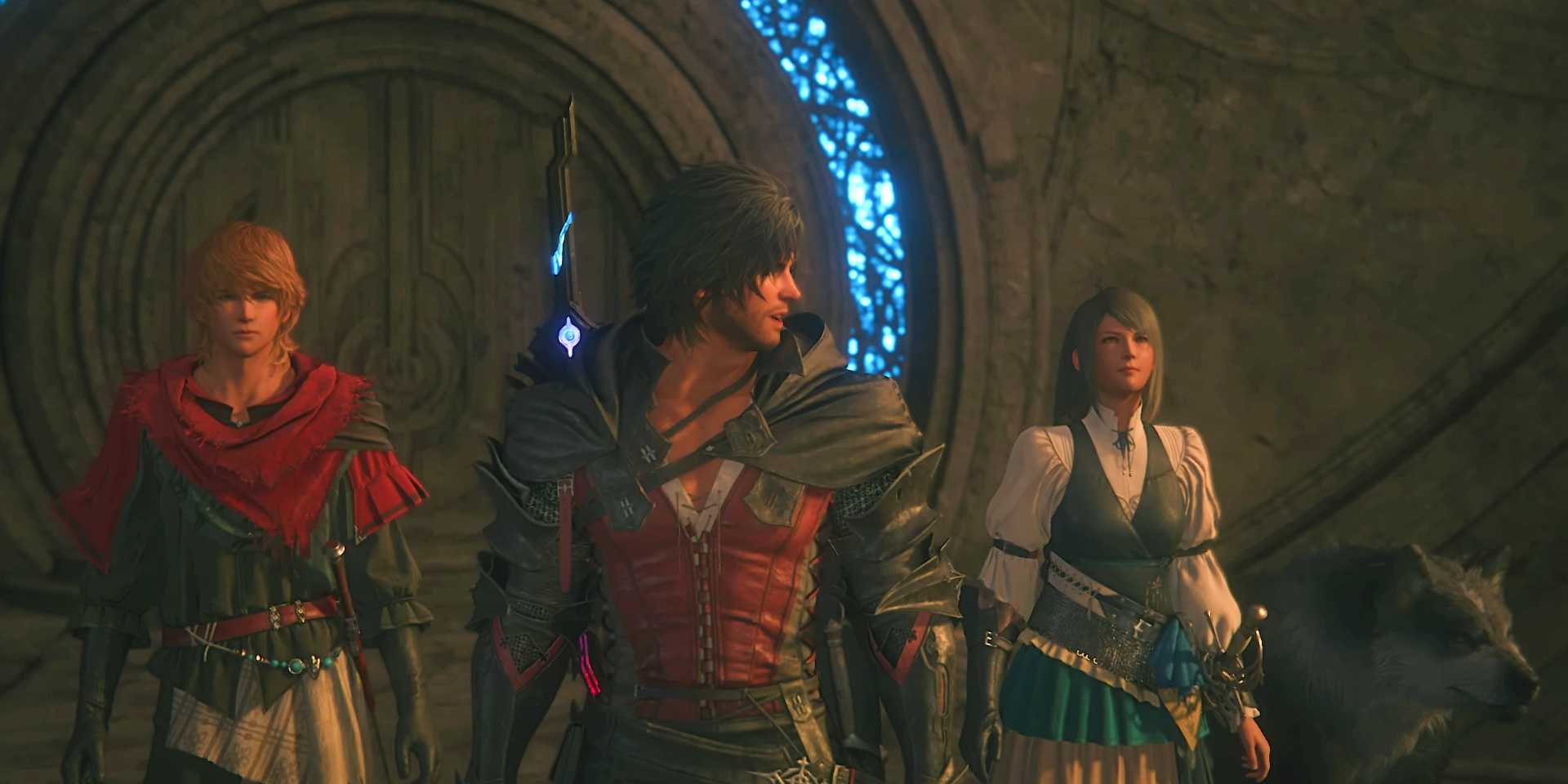 Joshua, Clive, Jill, and Torgal look around a Fallen ruin, in front of a glowing crystalline door, in a screenshot from FF16's DLC.