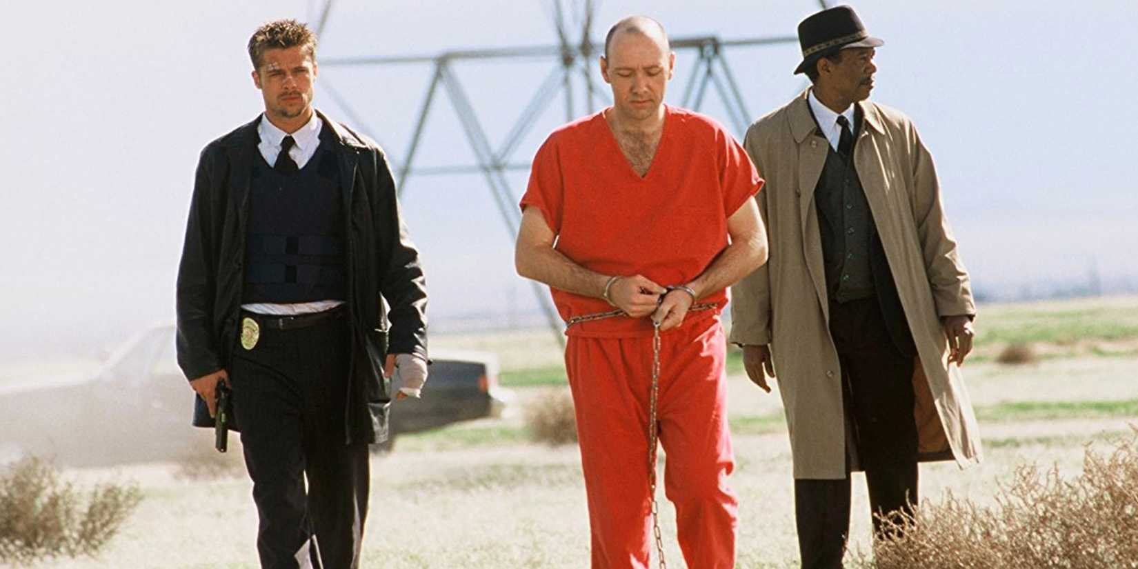Brad Pitt as Mills, Kevin Spacey as John Doe, and Morgan Freeman as Somerset in the final scene as Se7en