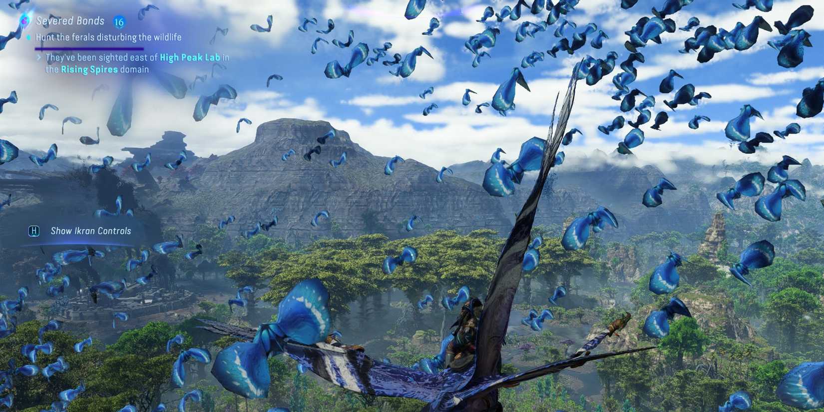Flying Through an aerial swarm on an ikran in Avatar Frontiers of Pandora.