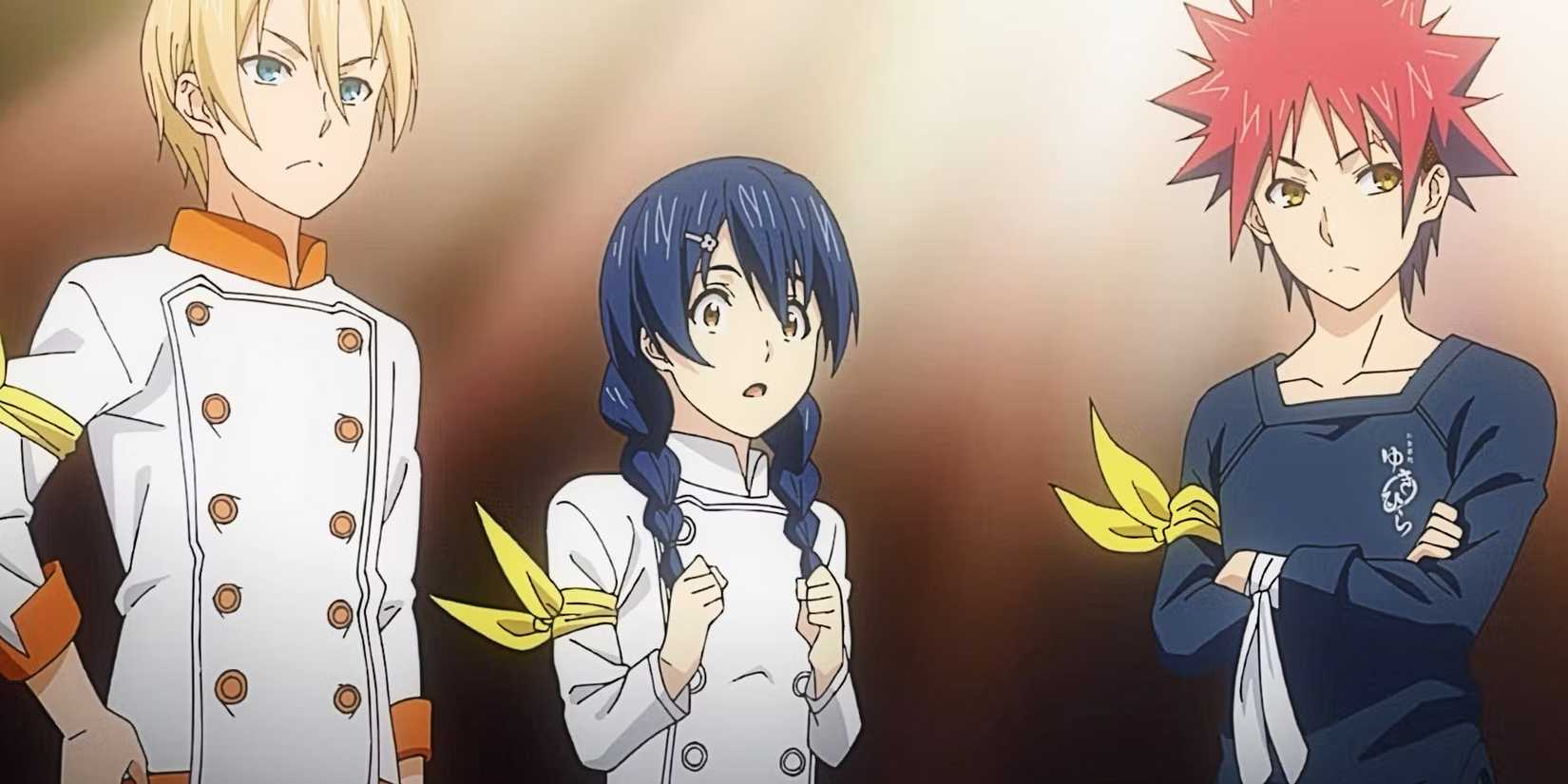 Three characters from Food Wars standing together while wearing chef's coats.