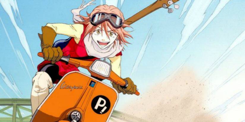 Haruko smiles as she rides her iconic orange Vespo in Fooly Cooly
