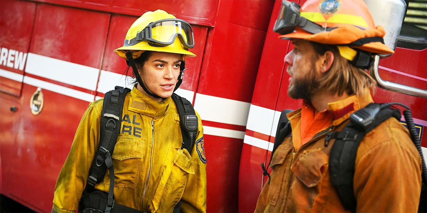 Gabriela in her yellow firefighter suit talking to Bode in his orange suit in Fire Country